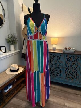 Bright Multi-Stripe Maxi Dress with Crochet Waist